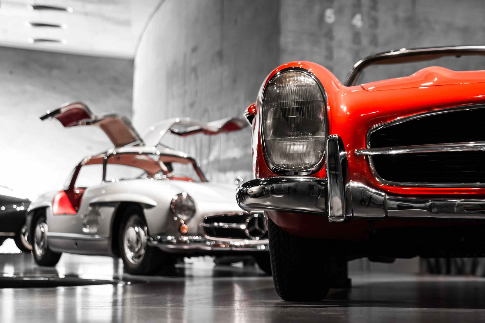 Mercedes museum with SLS and Gullwing